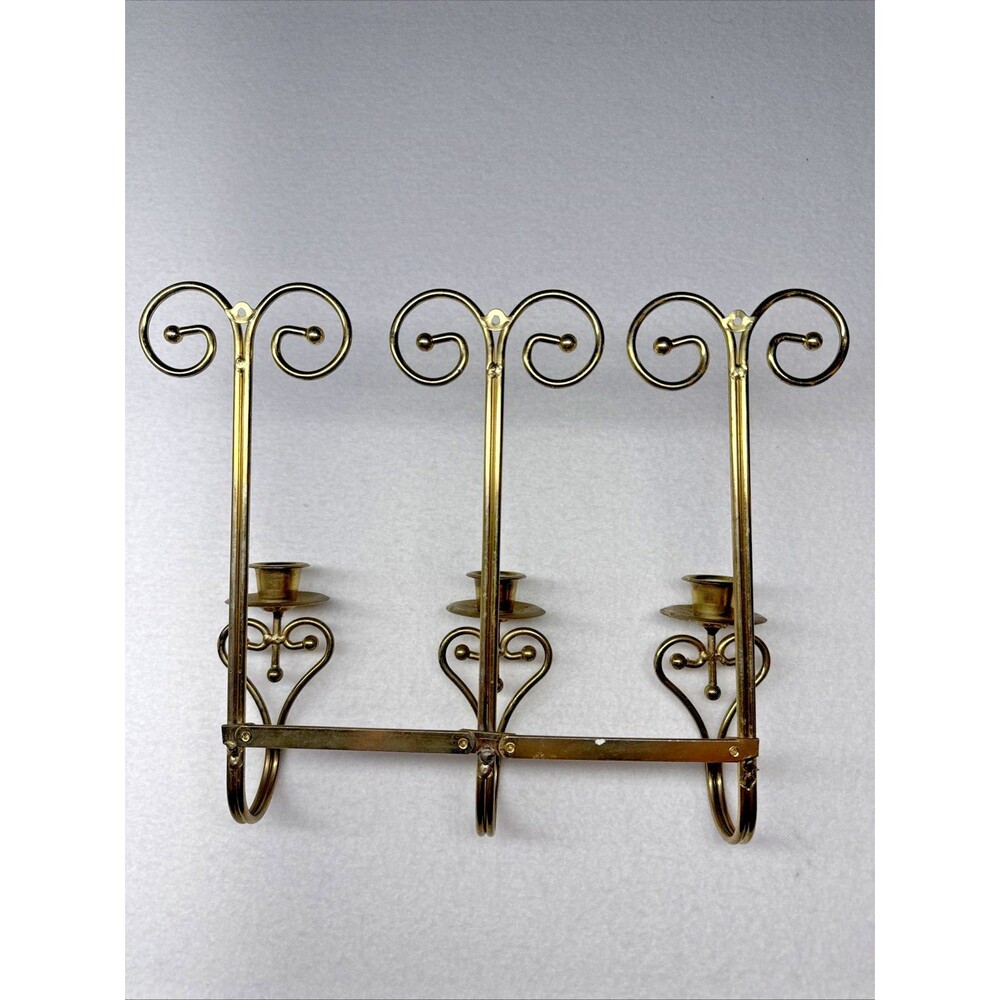 Home Interiors Brass Tone Triple Wall Candle Sconce 3 Arm Scroll 14" Vintage - Picture 2 of 10